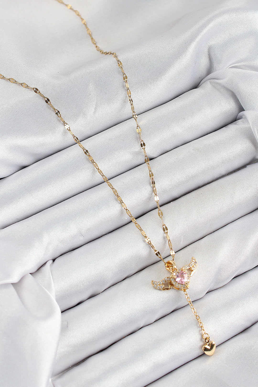 EBJ 316L Steel Angel Wing Detailed Heart Model Gold Color Women's Necklace with Zircon Stone - Denton