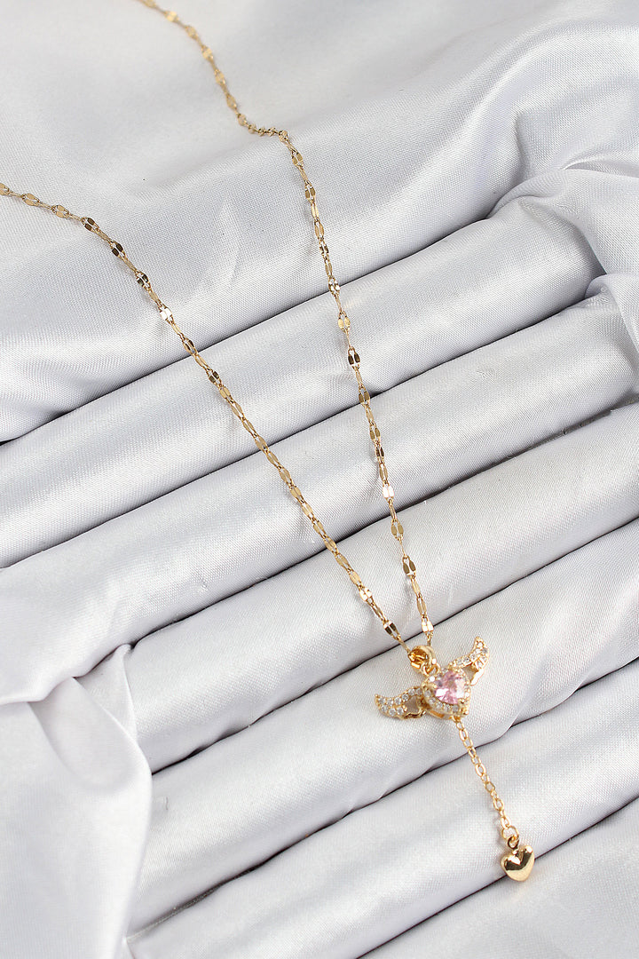 EBJ 316L Steel Angel Wing Detailed Heart Model Gold Color Women's Necklace with Zircon Stone - Denton