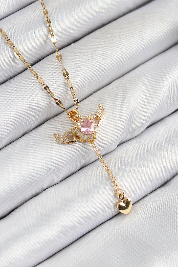 EBJ 316L Steel Angel Wing Detailed Heart Model Gold Color Women's Necklace with Zircon Stone - Denton