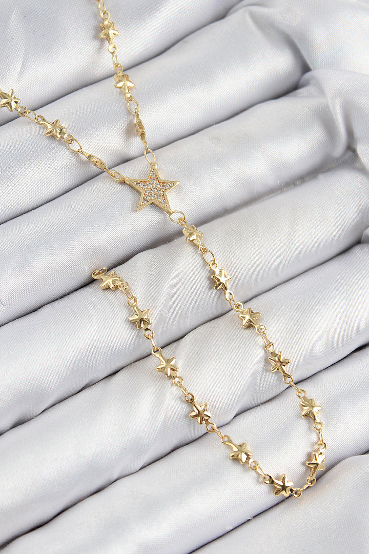 EBJ Rice Zircon Stone Star Model Gold Color Y Necklace - Napier