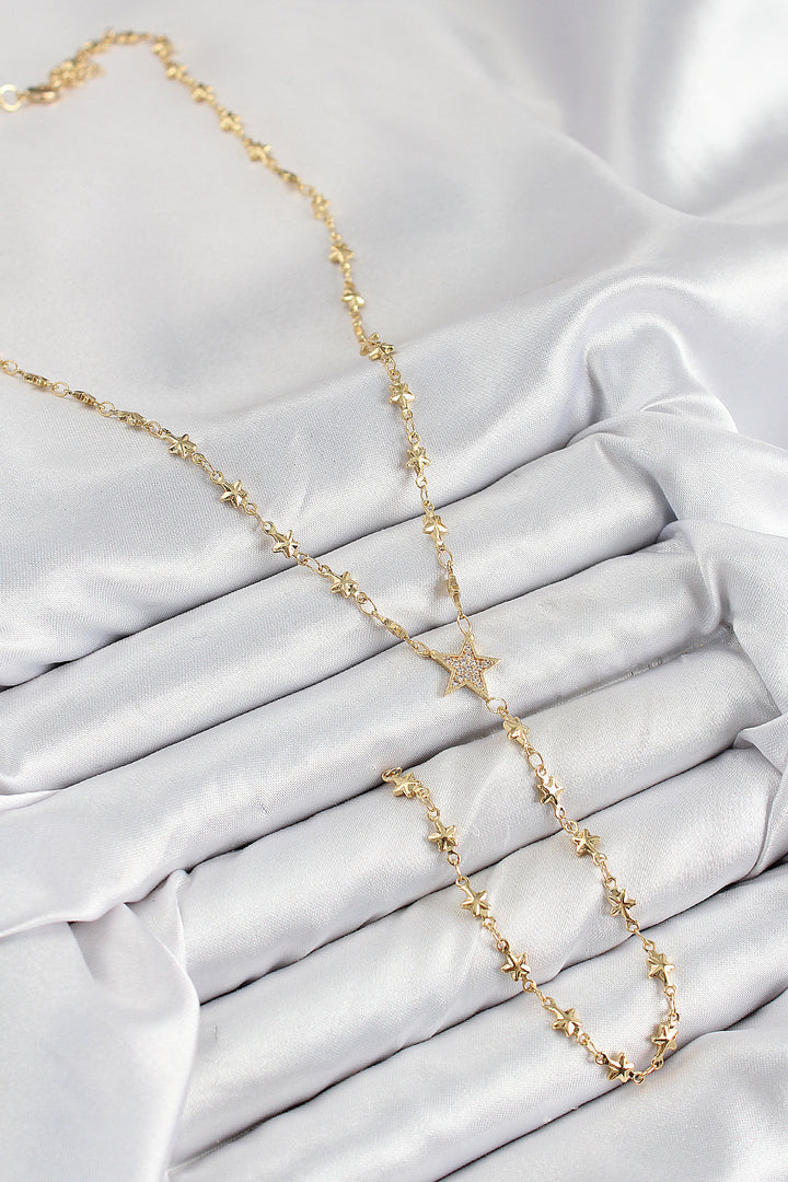 EBJ Rice Zircon Stone Star Model Gold Color Y Necklace - Napier