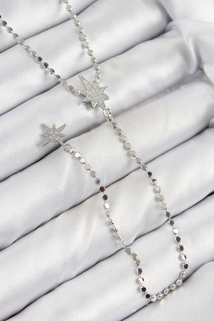 EBJ Rice Zircon Stone Crushed Chain Pole Star Model Silver Color Y Necklace - Poinciana