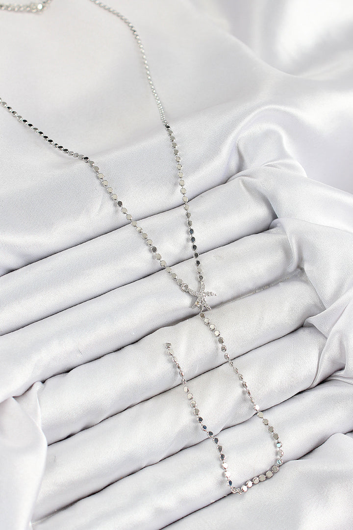EBJ Rice Zircon Stone Crushed Chain Starfish Model Silver Color Y Necklace - Inver Grove Heights