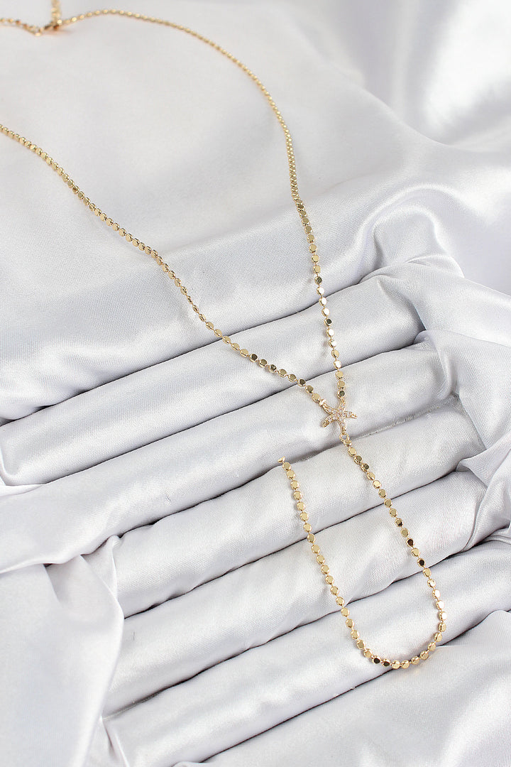 EBJ Rice Zircon Stone Crushed Chain Starfish Model Gold Color Y Necklace - Bowling Green