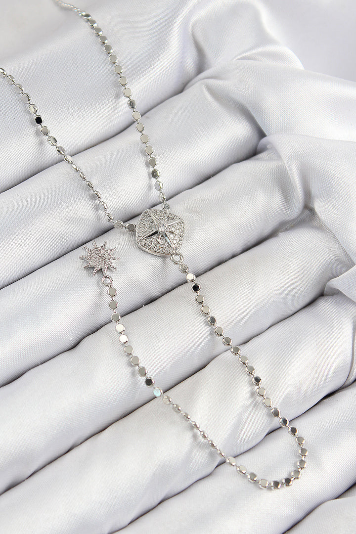 EBJ Rice Zircon Stone Crushed Chain Medal Model Silver Color Y Necklace - Altadena
