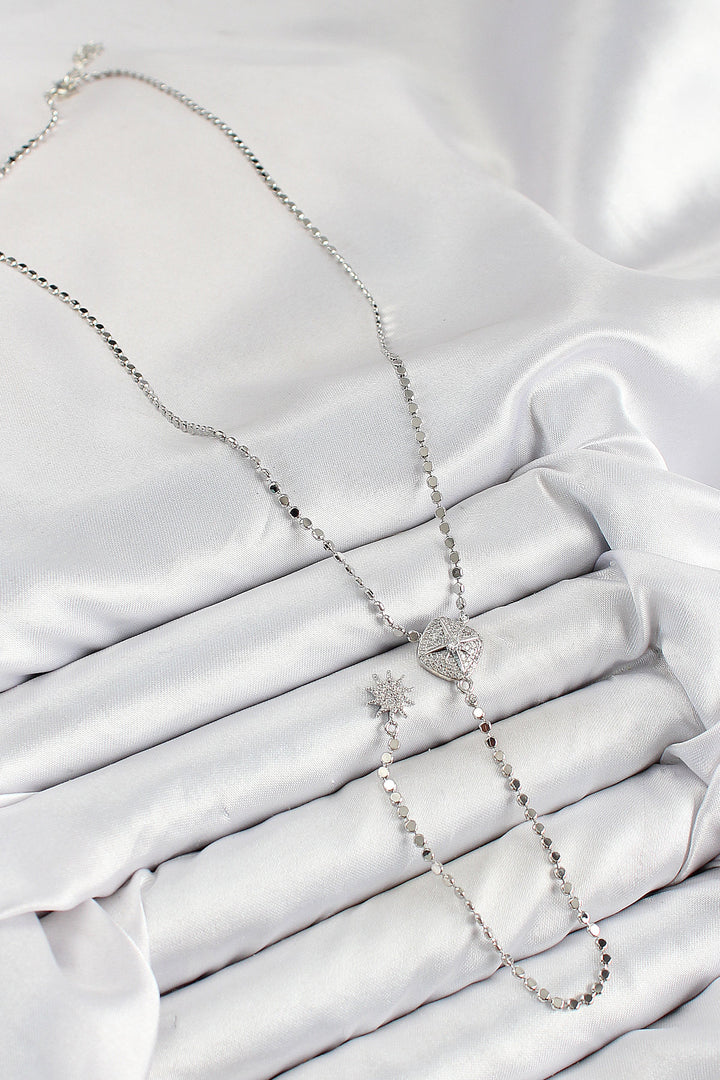 EBJ Rice Zircon Stone Crushed Chain Medal Model Silver Color Y Necklace - Altadena