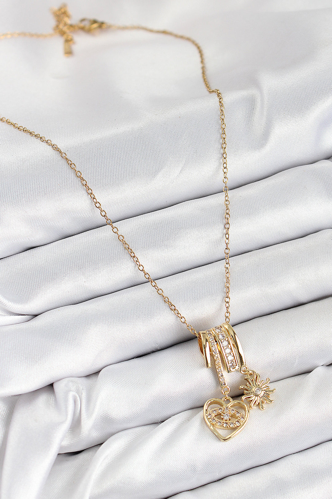 EBJ 316L Stainless Steel Zircon Stone Pendant Heart and Sun Model Gold Color Women's Necklace - Melitopol