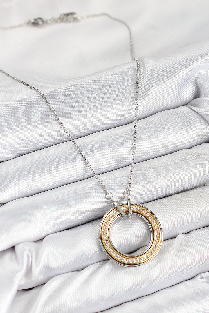 EBJ 316L Stainless Steel Zircon Stone Rotating Circle Model Gold and Silver Color Women's Necklace - Coesfeld