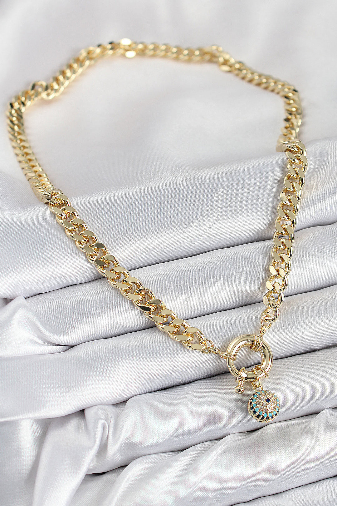 EBJ Rice Zircon Stone Evil Eye Bead Detailed Classic Chain Model Gold Color Women's Necklace - Scranton