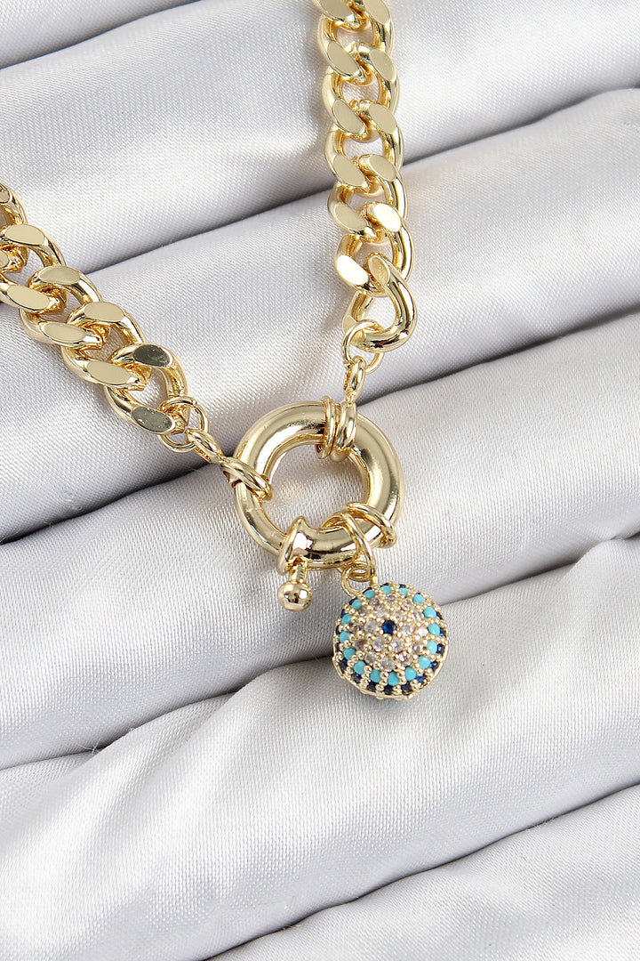 EBJ Rice Zircon Stone Evil Eye Bead Detailed Classic Chain Model Gold Color Women's Necklace - Scranton