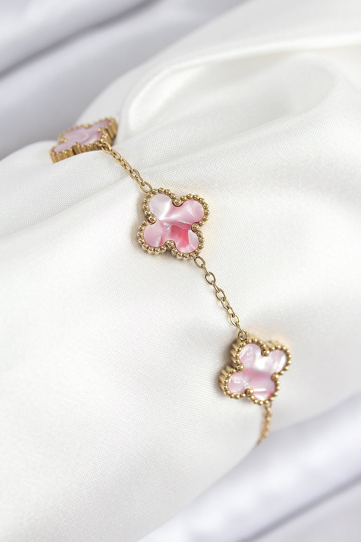 EBJ 316L Steel Mother of Pearl Pink Gold Color Clover Women's Bracelet - Meoqui