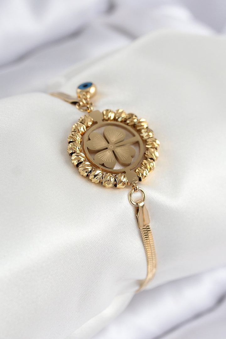 EBJ 316L Steel Evil Eye Clover Detailed Italian Chain Gold Color Women's Bracelet - Baden-Baden