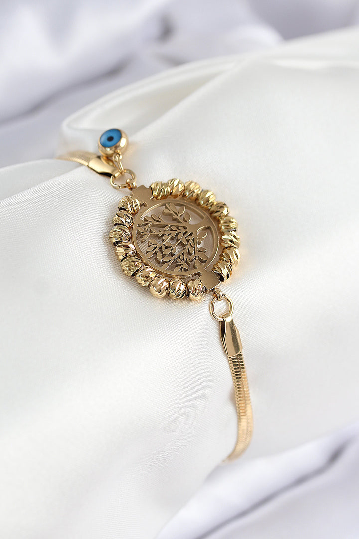 EBJ 316L Çelik Nazar Boncuk Detaylı Hayat Ağacı Model İtalyan Zincir Gold Renk Kadın Bileklik - Gallarate