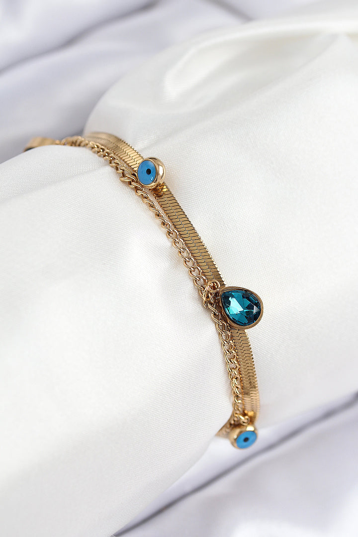 EBJ 316L Steel Evil Eye Bracelet with Detailed Blue Zircon Stone Model Italian Chain Gold Color Women's Bracelet - Bellevue