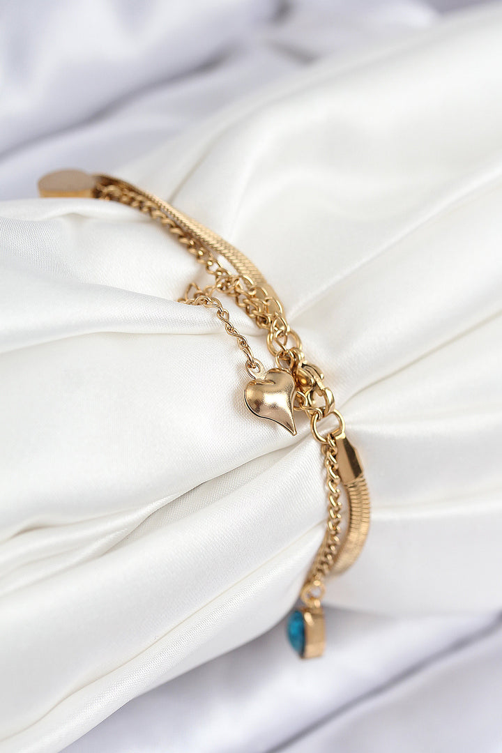 EBJ 316L Çelik Nazar Boncuk Detaylı Mavi Zirkon Taşlı Model İtalyan Zincir Gold Renk Kadın Bileklik - Wildomar