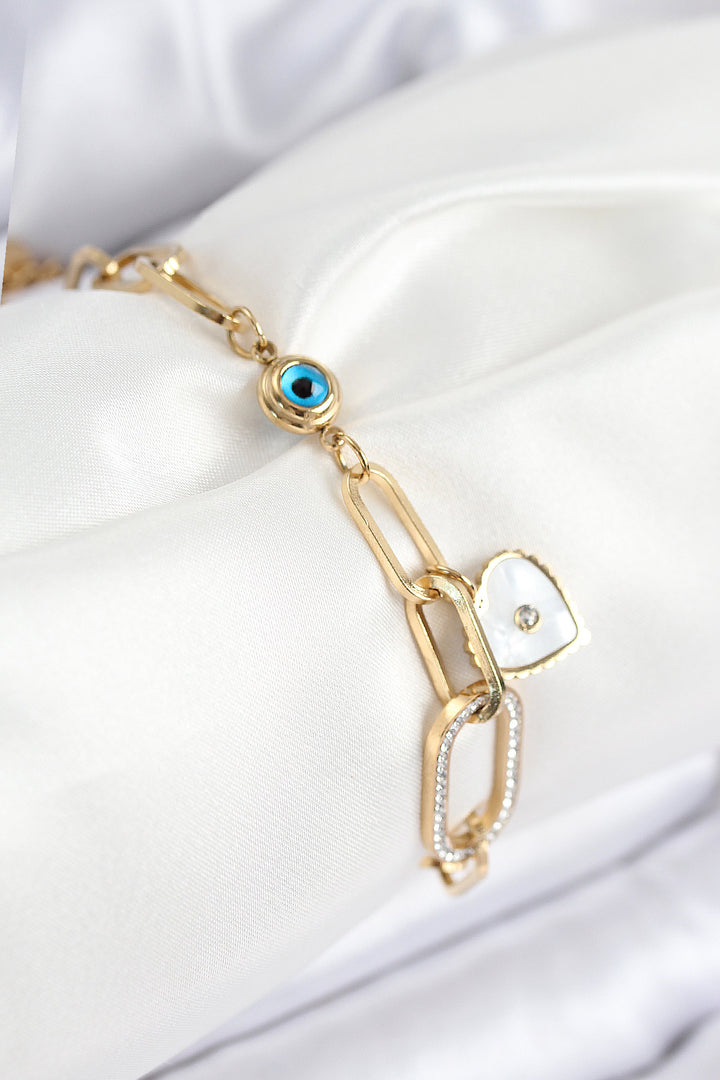 EBJ 316L Çelik Nazar Boncuğu Ve Zirkon Taşlı Kalp Model Gold Renk Kadın Bileklik - Kobryn
