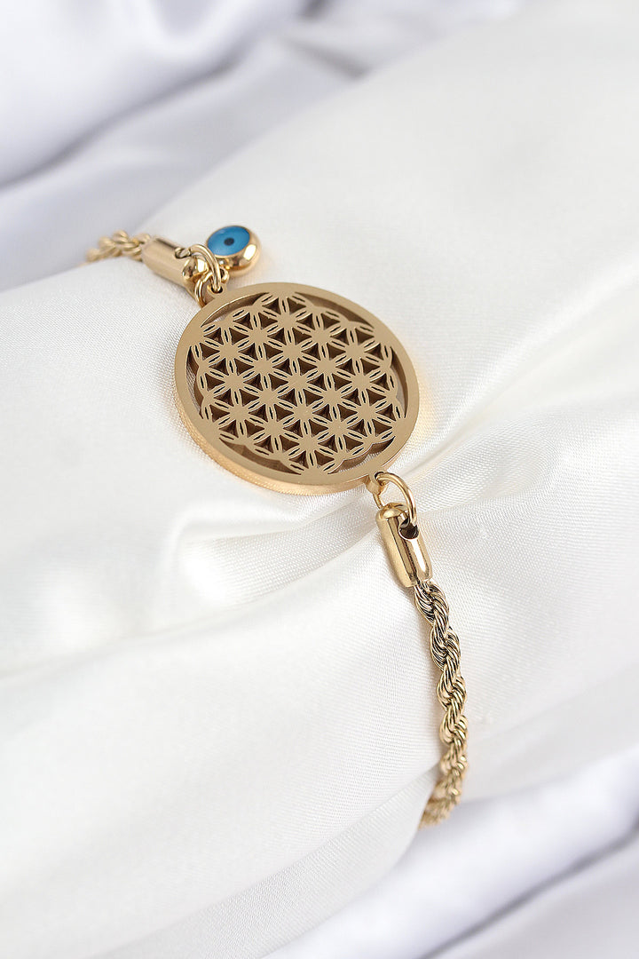 EBJ 316L Steel Evil Eye Detailed Life Flower Model Gold Color Women's Bracelet - Alenquer