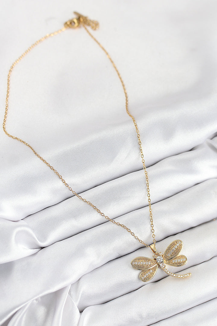EBJ 316L Steel Dragonfly Model Necklace with Zircon Stone in Gold Color for Women - Champaign