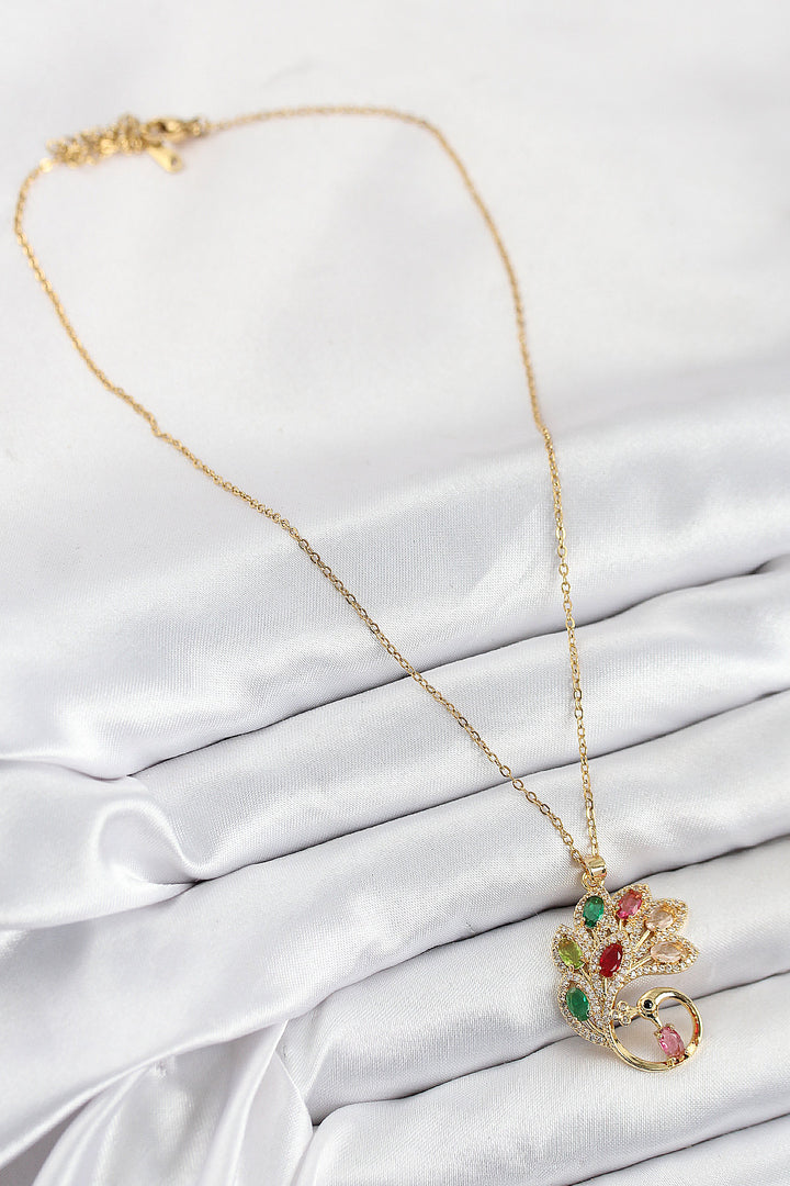 EBJ 316L Stainless Steel Peacock Model Necklace with Zircon Stone in Gold Color for Women - Moncalieri