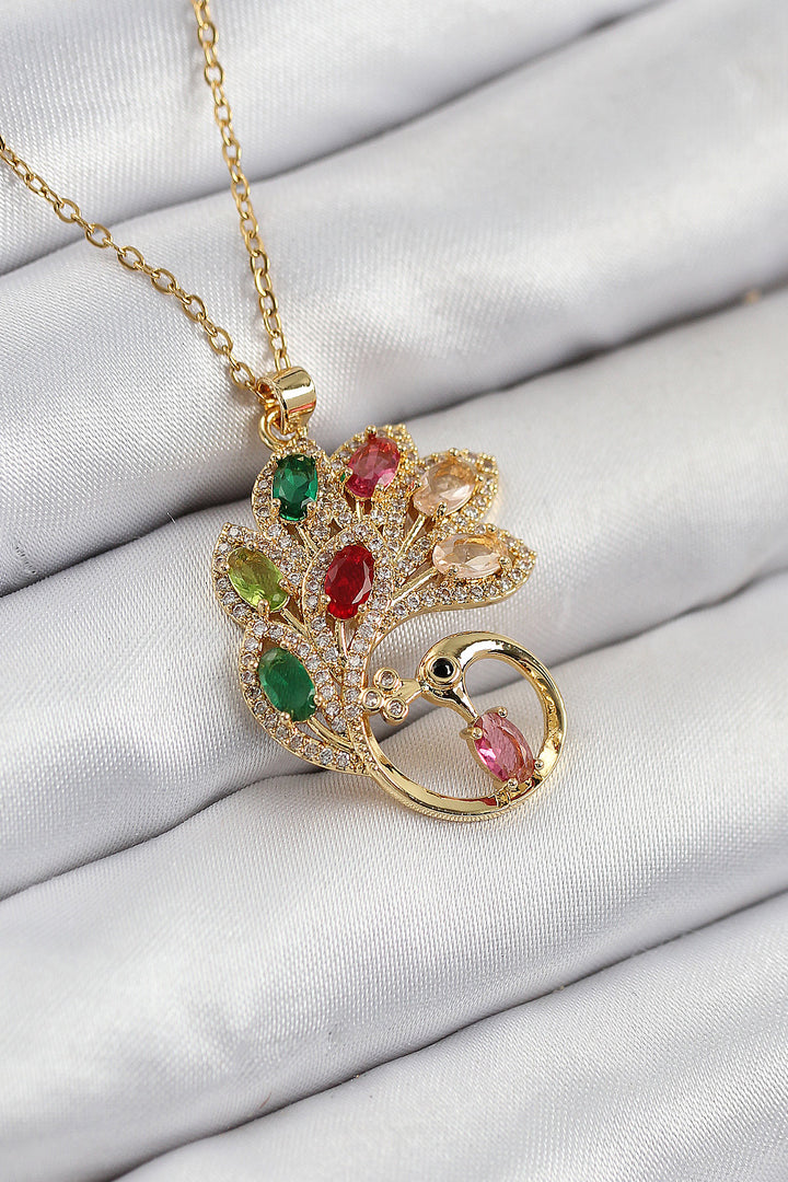 EBJ 316L Stainless Steel Peacock Model Necklace with Zircon Stone in Gold Color for Women - Moncalieri