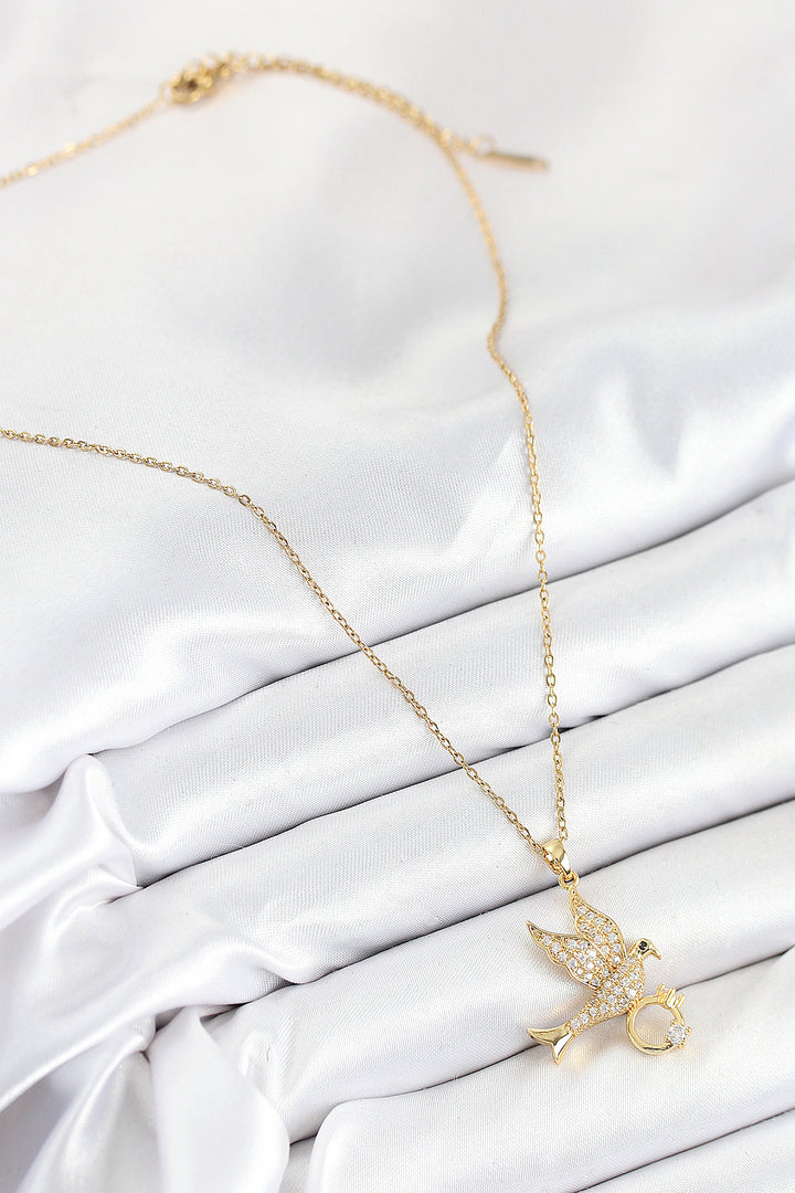 EBJ 316L Stainless Steel Ringed Bird Model Gold Color Women's Necklace with Zircon Stone - Carol Stream