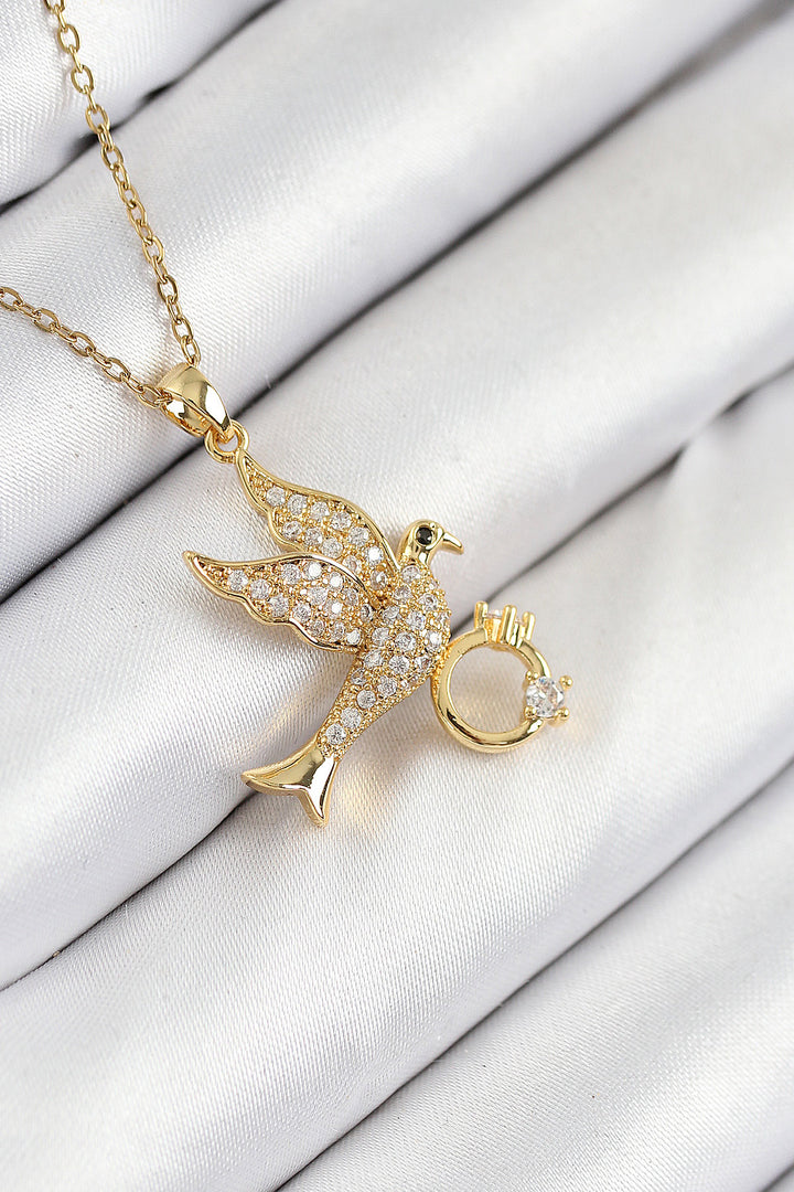 EBJ 316L Stainless Steel Ringed Bird Model Gold Color Women's Necklace with Zircon Stone - Carol Stream