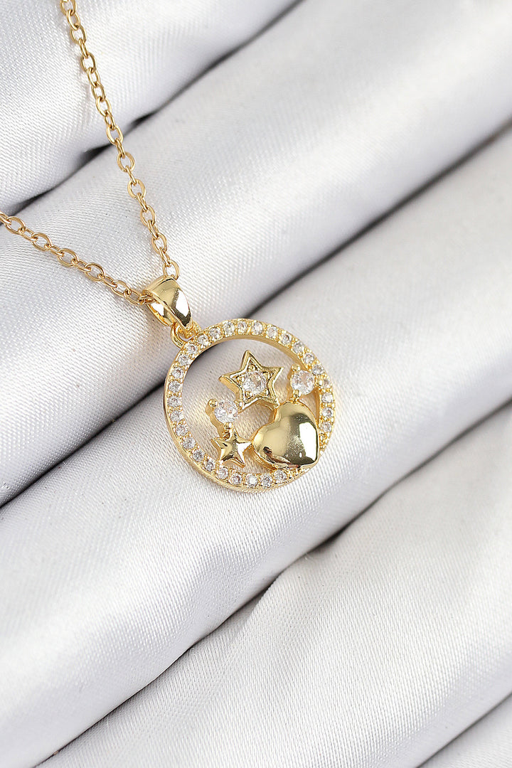 EBJ 316L Stainless Steel Star and Heart Model Necklace with Zircon Stone Gold Color for Women - Aubervilliers