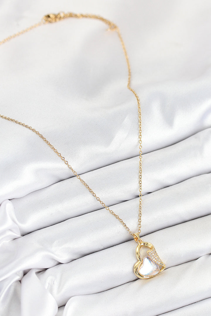 EBJ 316L Stainless Steel Heart Shaped Zircon Stone Gold Color Women's Necklace - Rubí