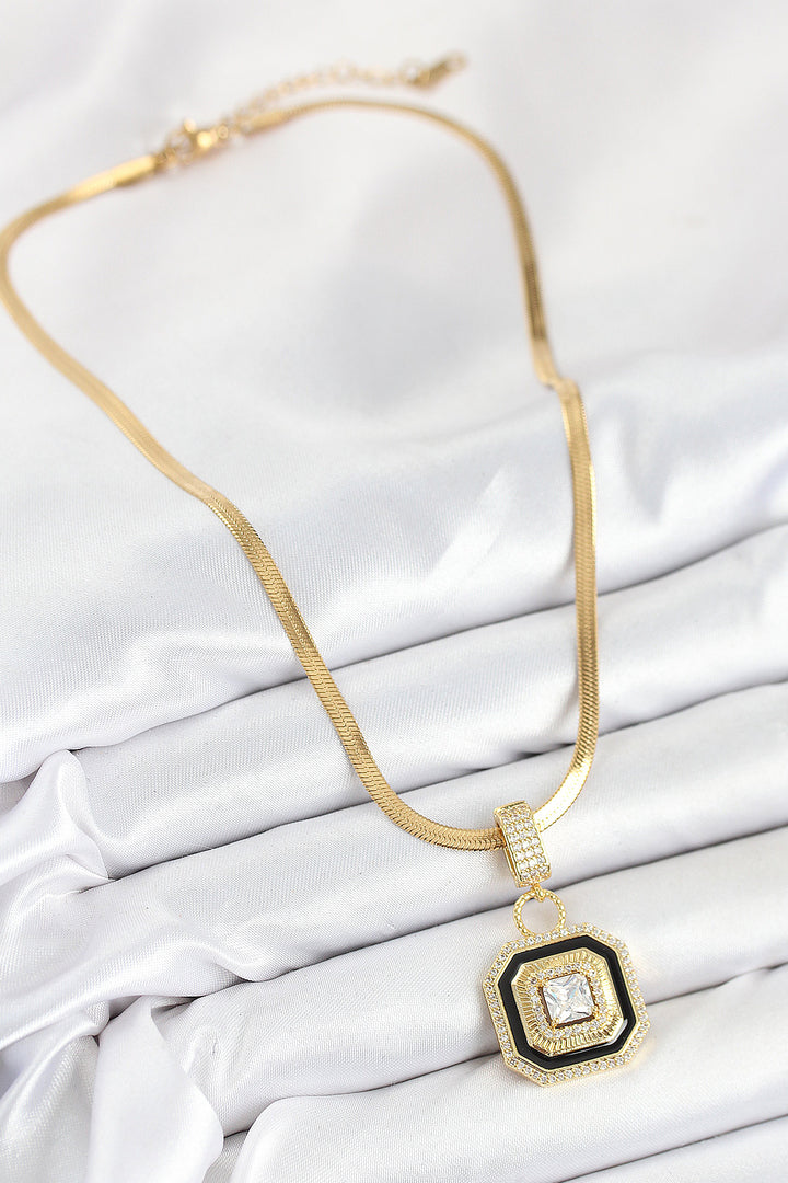 EBJ 316L Steel Zircon Stone Black Detailed Baguette Model Gold Color Women's Necklace - Madison