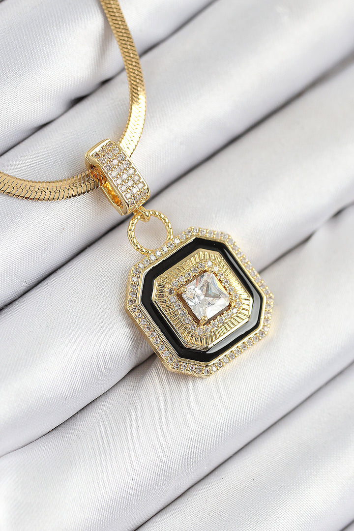 EBJ 316L Steel Zircon Stone Black Detailed Baguette Model Gold Color Women's Necklace - Madison