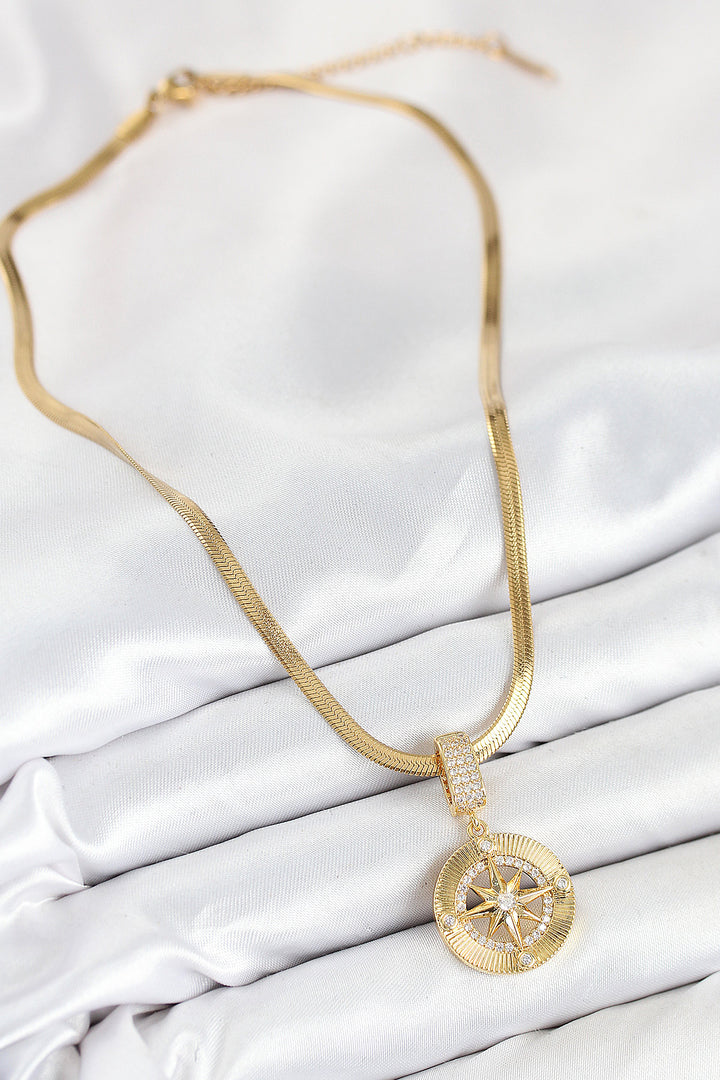 EBJ 316L Steel Compass Model Necklace with Zircon Stone Gold Color for Women - Trapani