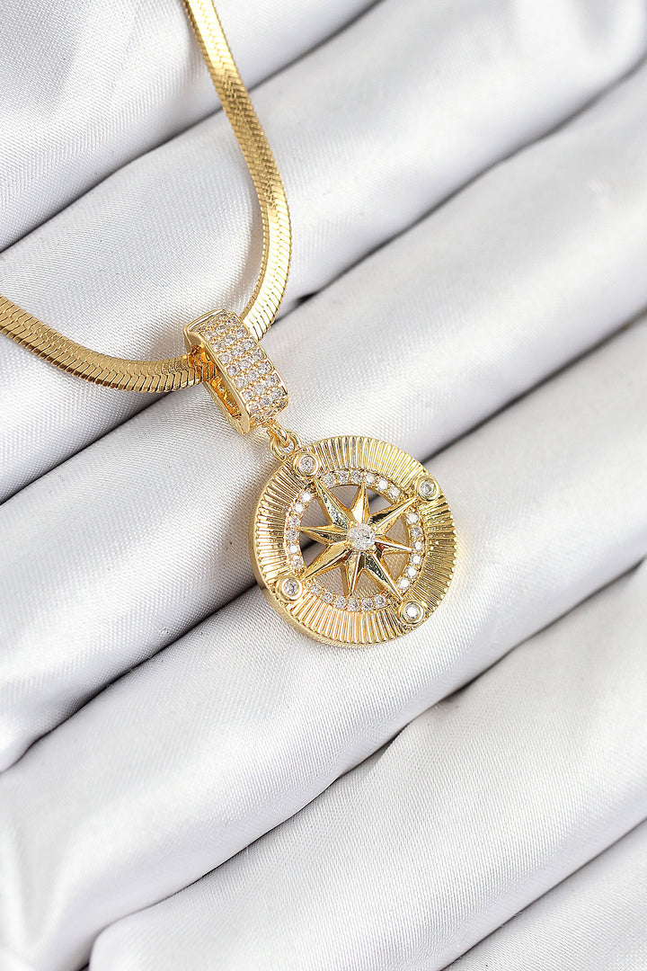 EBJ 316L Steel Compass Model Necklace with Zircon Stone Gold Color for Women - Trapani