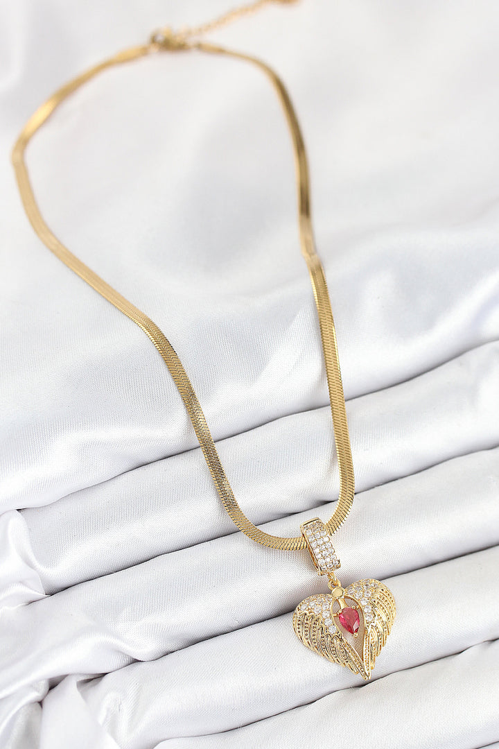 EBJ 316L Steel Winged Heart Model Gold Color Women's Necklace with Zircon Stone - Playa del Carmen