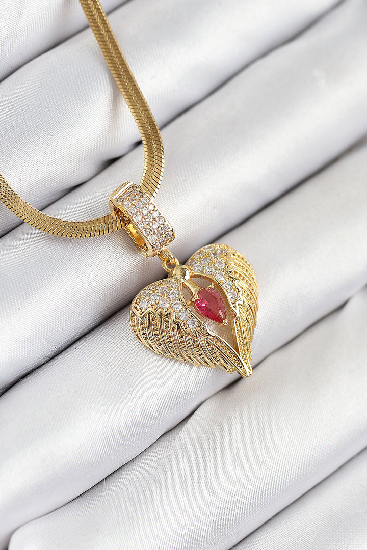 EBJ 316L Steel Winged Heart Model Gold Color Women's Necklace with Zircon Stone - Parral