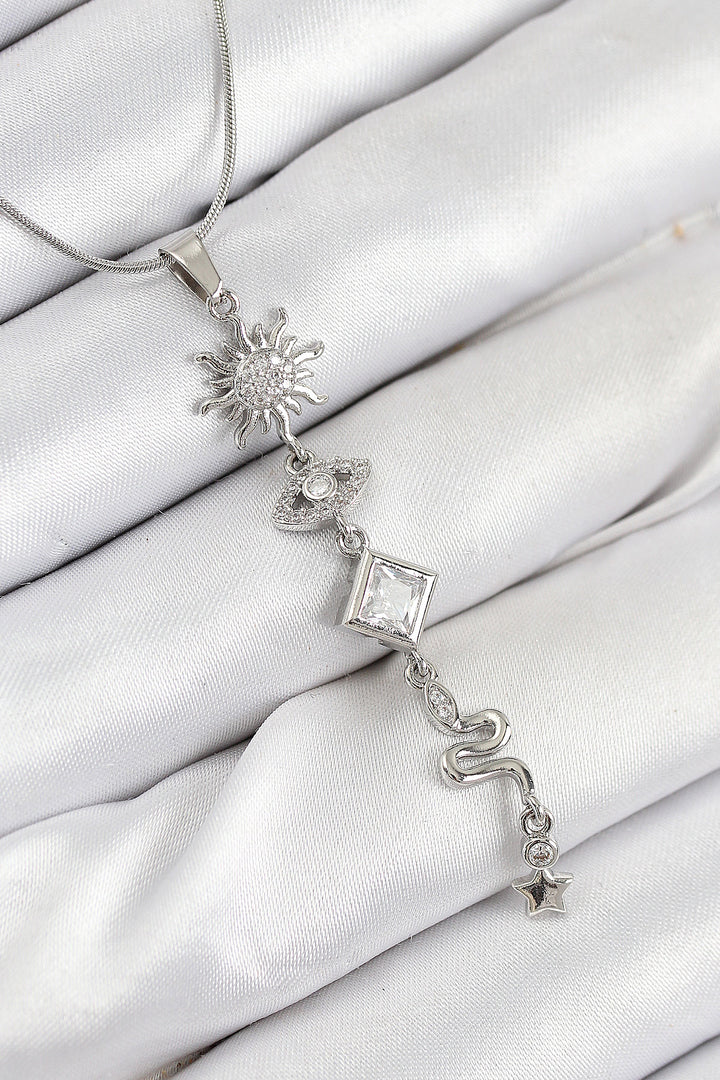 EBJ 316L Stainless Steel Sun and Moon Energy Model Silver Color Women's Necklace with Zircon Stone - Amadora