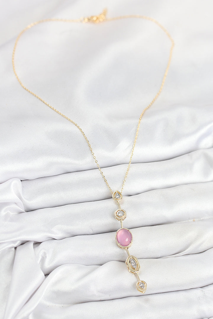 EBJ Pirinç Zincir Pembe Gold Renk Zirkon Taşlı Y Kolye - Brussels