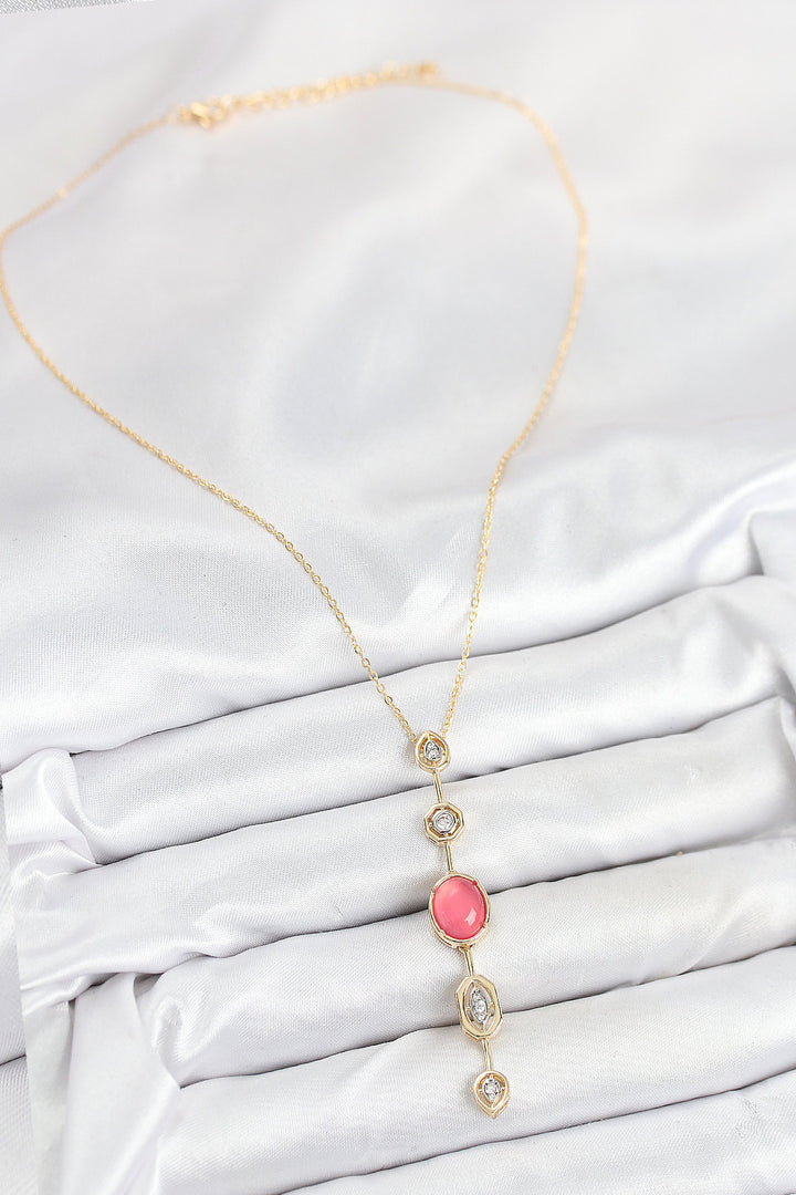EBJ Rice Chain Pink Gold Color Zircon Stone Y Necklace - Paterna