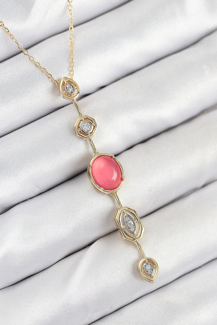 EBJ Rice Chain Pink Gold Color Zircon Stone Y Necklace - Paterna