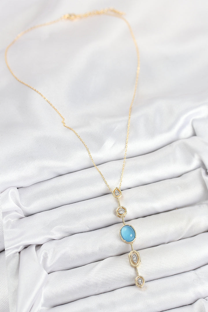 EBJ Rice Chain Blue Gold Color Zircon Stone Y Necklace - Annecy