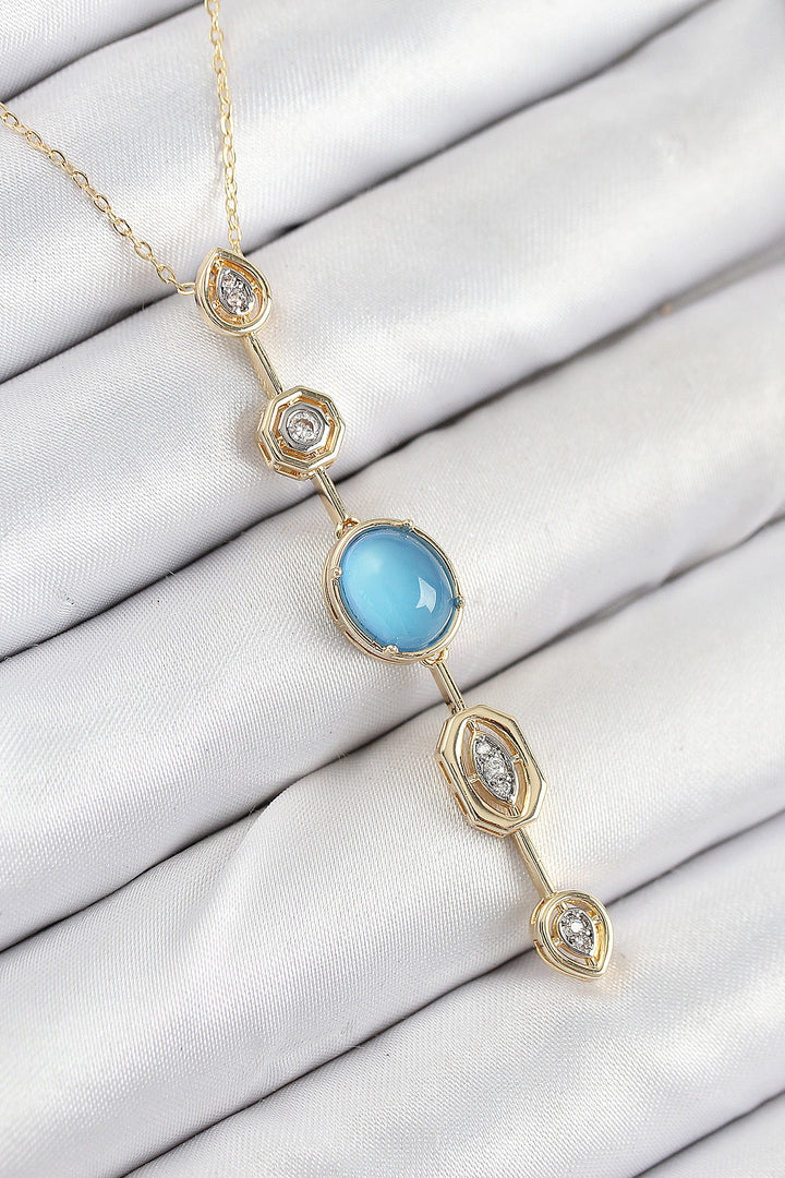 EBJ Rice Chain Blue Gold Color Zircon Stone Y Necklace - Annecy