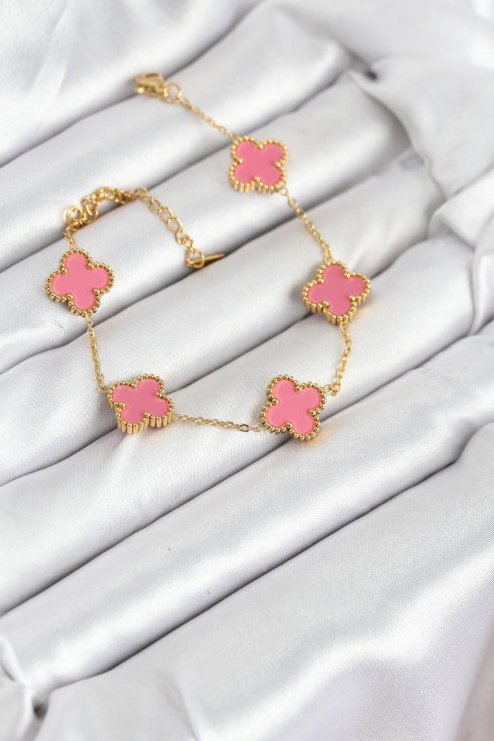 EBJ 316L Steel Gold Chain Pink Clover Color Bracelet - Thornton Heath