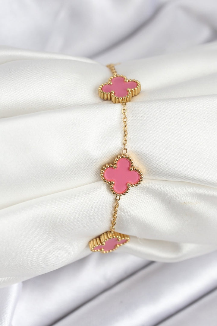 EBJ 316L Steel Gold Chain Pink Clover Color Bracelet - Thornton Heath