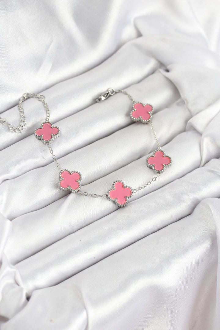 EBJ 316L Steel Silver Chain Pink Color Clover Bracelet - Mettmann
