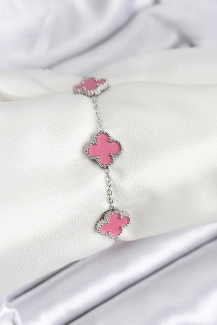 EBJ 316L Steel Silver Chain Pink Color Clover Bracelet - Mettmann