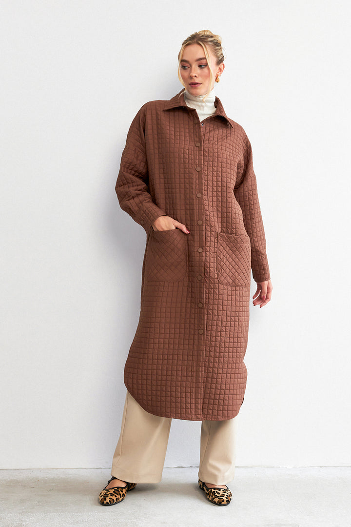 ZRF Women Quilted Pocket Detail Trench Coat - Brown - Casoria
