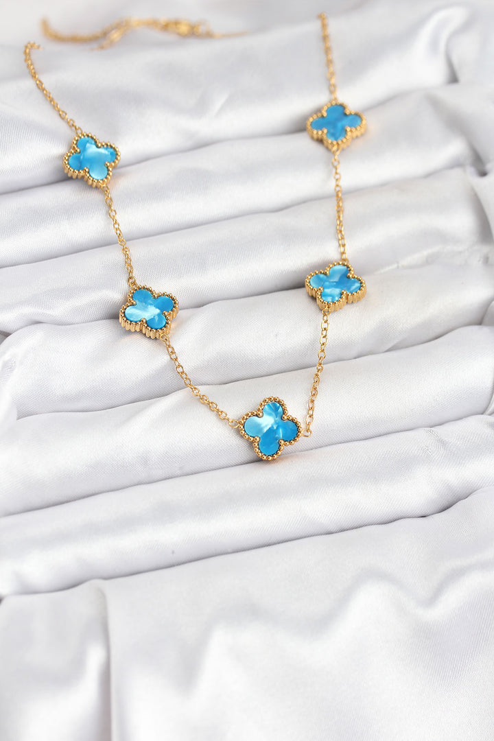 EBJ 316L Çelik Zincir Gold Buz Mavisi Renk Yonca Kolye - Enerhodar