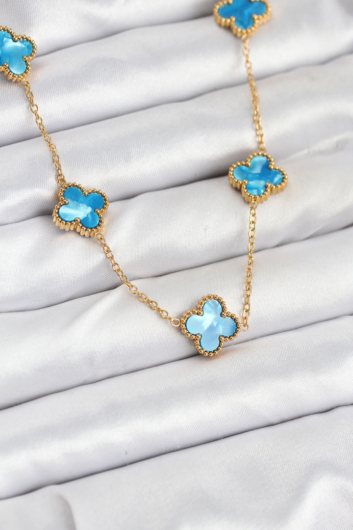 EBJ 316L Çelik Zincir Gold Buz Mavisi Renk Yonca Kolye - Enerhodar