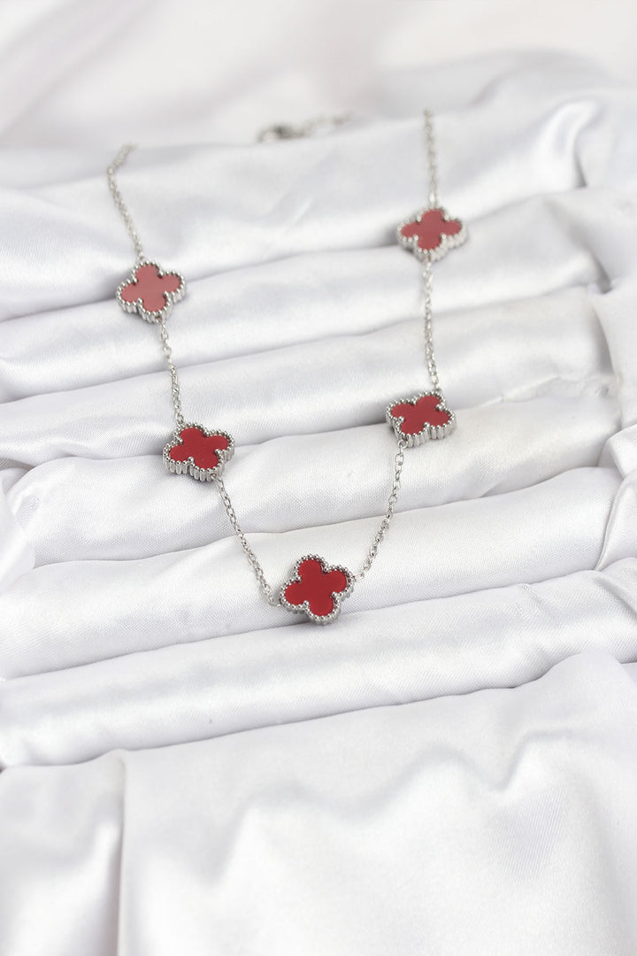 EBJ 316L Çelik Zincir Gümüş Renk Bordo Renk Yonca Kadın Kolye - Braşov