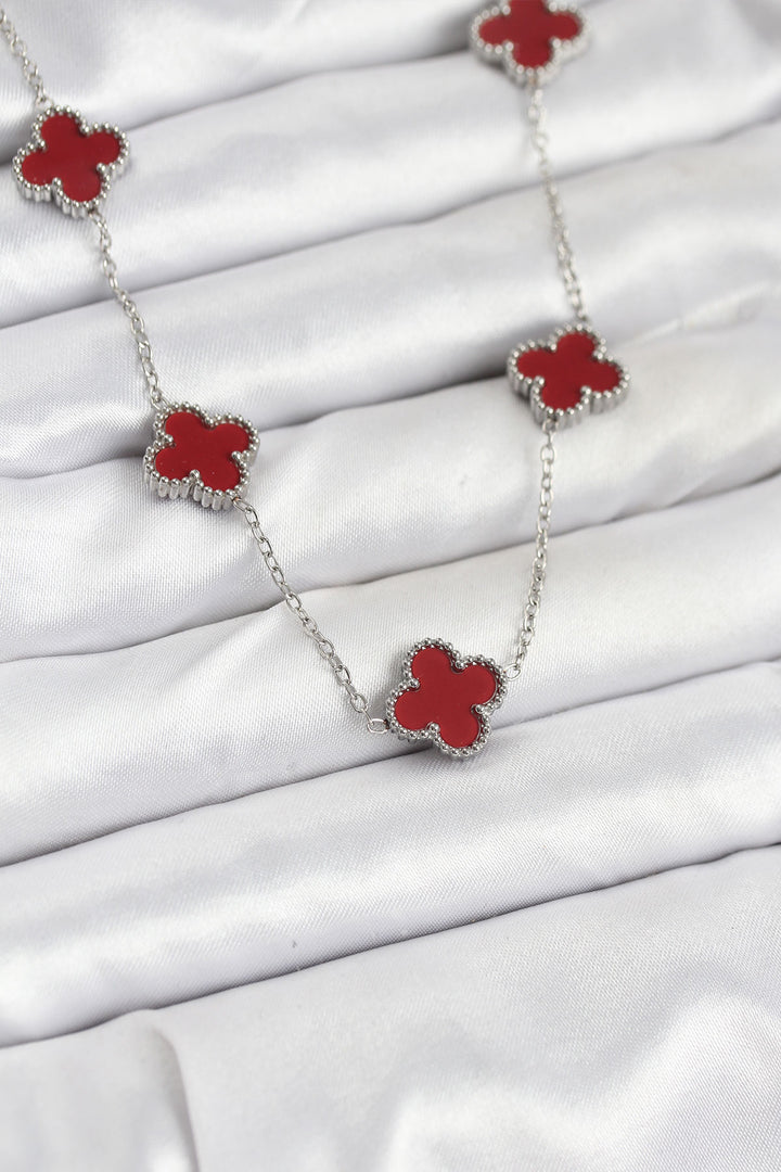 EBJ 316L Çelik Zincir Gümüş Renk Bordo Renk Yonca Kadın Kolye - Braşov