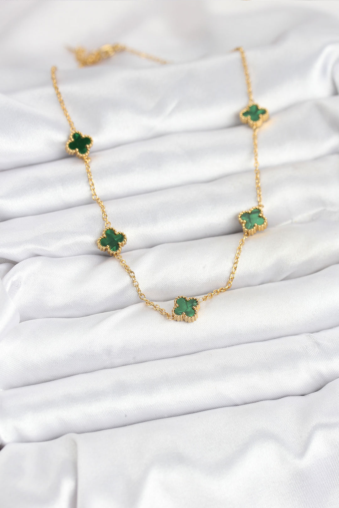 EBJ 316L Çelik Zincir Gold Renk Yeşil Baby Boy Yonca Kadın Kolye - Apan